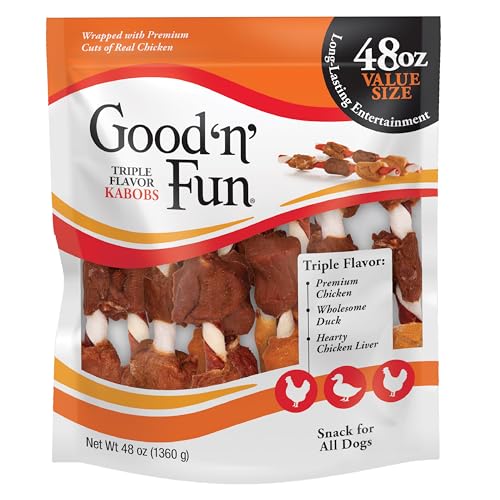 Good ‘n’ Fun Triple Flavor Kabobs Chews for All Dogs, 24 Ounces, Treat Your Dog to Chews Made from Beef Hide, Real Chicken, Pork Hide, Duck and Chicken Liver