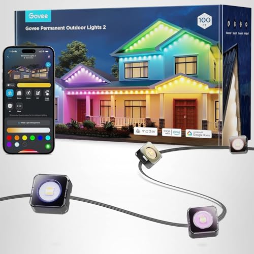 Govee Permanent Outdoor Lights 2, 150ft RGBIC Outdoor Lights with 108 LED Lights, IP67 Waterproof, 100 Scene Modes with 40lm White for Outdoor Decorations, Works with Alexa, Google Assistant, White
