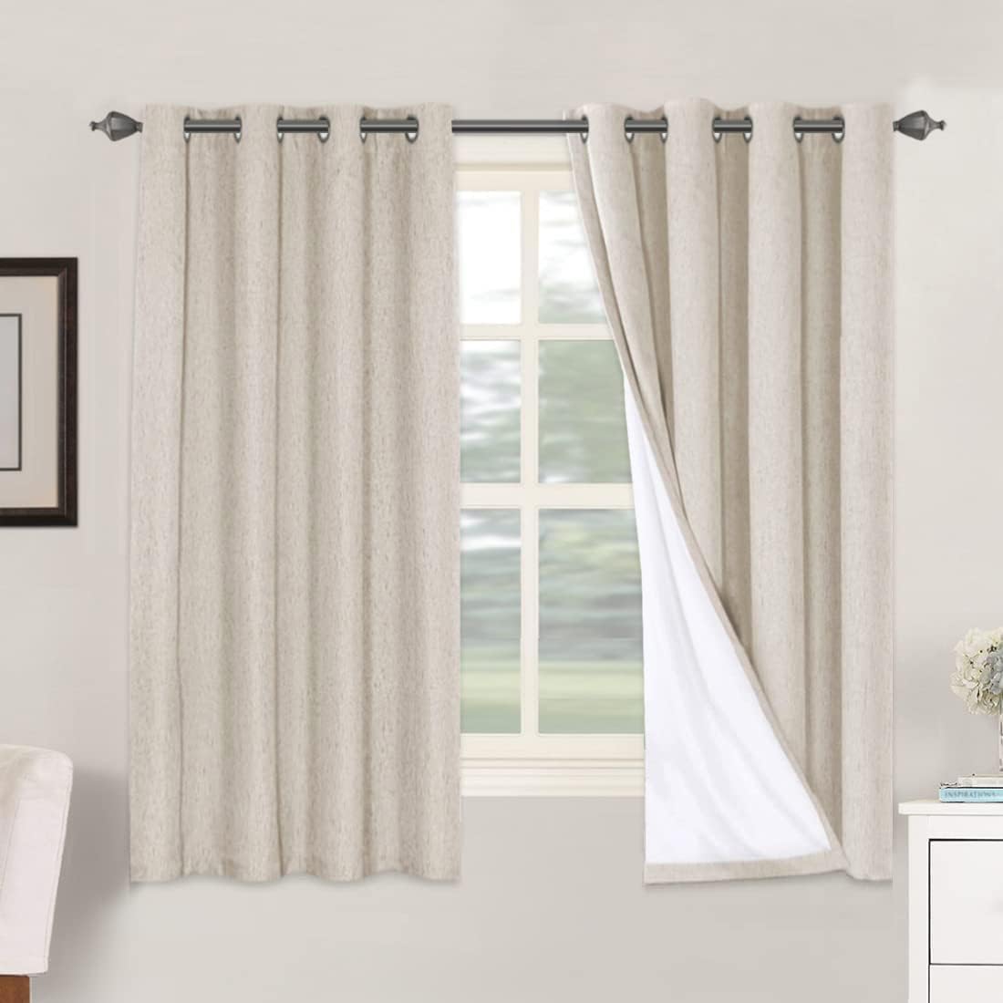 H.VERSAILTEXLinen-Polyester Curtains 100%Blackout Curtains for Bedroom 96"Long Full Light Blocking Nature Linen-Polyester Blended Window Curtains for LivingRoomNickel Grommet(2Panels,HeatheredNatural)