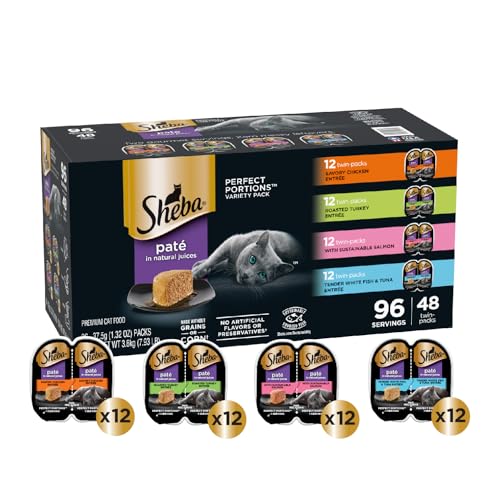 Sheba Perfect Portions Wet Cat Food Pate Savory Chicken Entree, Roasted Turkey Entree, and Tender Beef Entree Variety Pack, 2.6 oz. Twin Pack Trays (24 Count, 48 Servings)