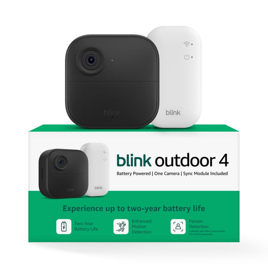 Blink Outdoor 4 – Wireless smart security camera, two-year battery life, 1080p HD day and infrared night live view, two-way talk. Sync Module Core included – 5 camera system
