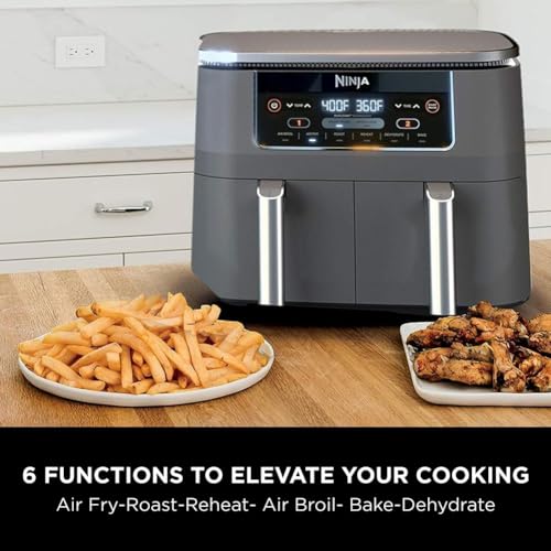 Ninja DZ401 Foodi 10 Quart 6-in-1 DualZone XL 2-Basket Air Fryer with 2 Independent Frying Baskets, Match Cook & Smart Finish to Roast, Broil, Dehydrate for Quick, Easy Family-Sized Meals, Grey