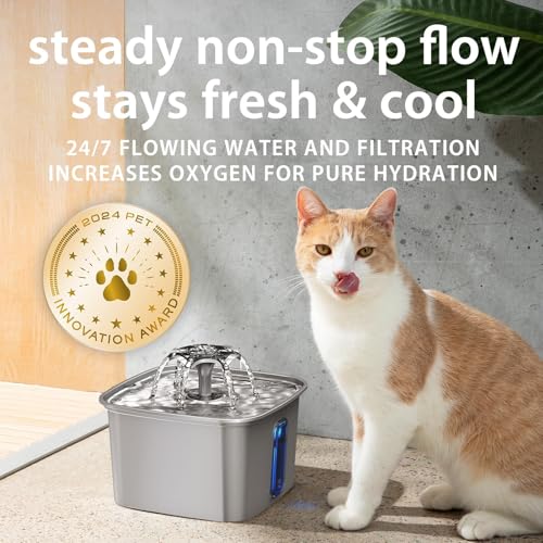 Veken Innovation Award Winner Stainless Steel Cat Water Fountain, 95oz/2.8L Automatic Pet Fountain Dog Water Dispenser with Replacement Filters & Silicone Mat, Gifts for Christmas, Cats, Dogs (Silver)