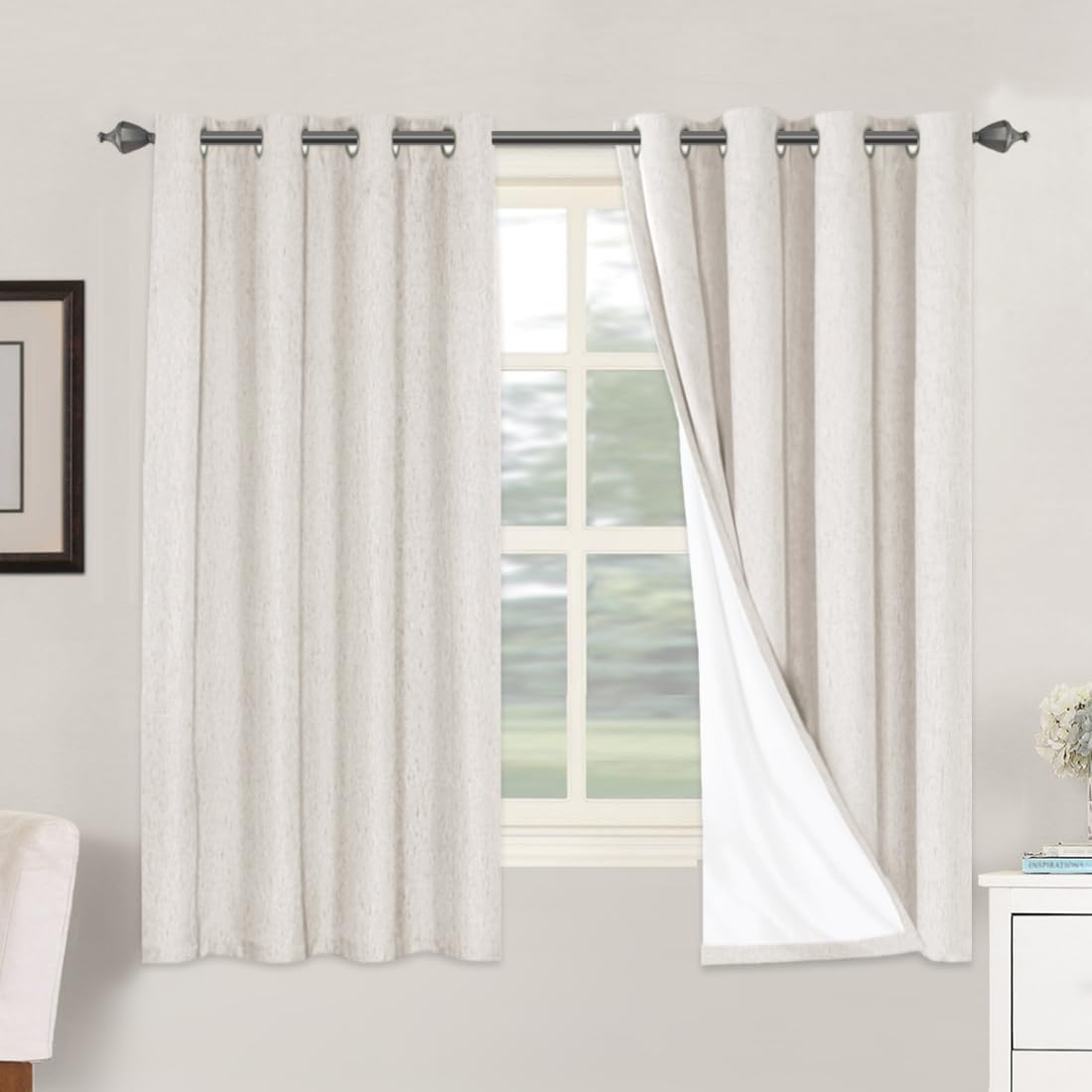 H.VERSAILTEXLinen-Polyester Curtains 100%Blackout Curtains for Bedroom 96"Long Full Light Blocking Nature Linen-Polyester Blended Window Curtains for LivingRoomNickel Grommet(2Panels,HeatheredNatural)