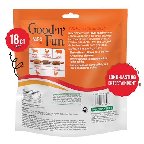 Good ‘n’ Fun Triple Flavor Kabobs Chews for All Dogs, 24 Ounces, Treat Your Dog to Chews Made from Beef Hide, Real Chicken, Pork Hide, Duck and Chicken Liver