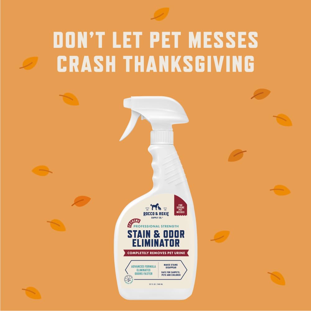 Rocco & Roxie Supply Co. Stain & Strong Odor Eliminator, Enzyme Cleaner, Pet Odor Eliminator for Home - Carpet Stain Remover for Cats & Dog Pee - Urine Destroyer - Carpet Cleaner Spray Clear, 32 Fl Oz