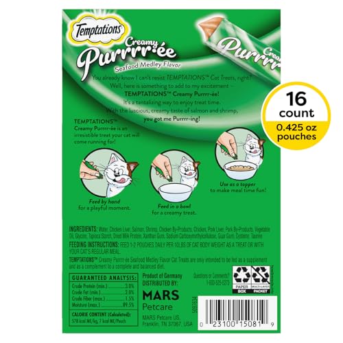 Temptations Creamy Puree Variety Pack of Squeezable Cat Treats, 0.42 oz. Tubes, 24 Count