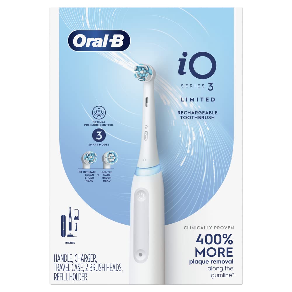 Oral-B iO Deep Clean Rechargeable Electric Powered Toothbrush, Black with iO Series 3 Limited, 2 Brush Heads and Travel Case - Pressure Sensor to Protect Gums - 3 Cleaning Settings - 2 Minute Timer