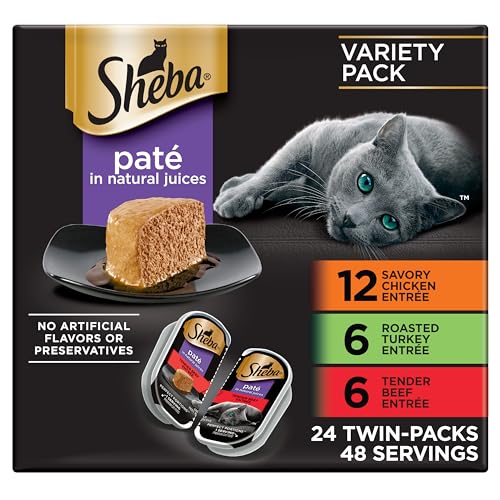 Sheba Perfect Portions Wet Cat Food Pate Savory Chicken Entree, Roasted Turkey Entree, and Tender Beef Entree Variety Pack, 2.6 oz. Twin Pack Trays (24 Count, 48 Servings)