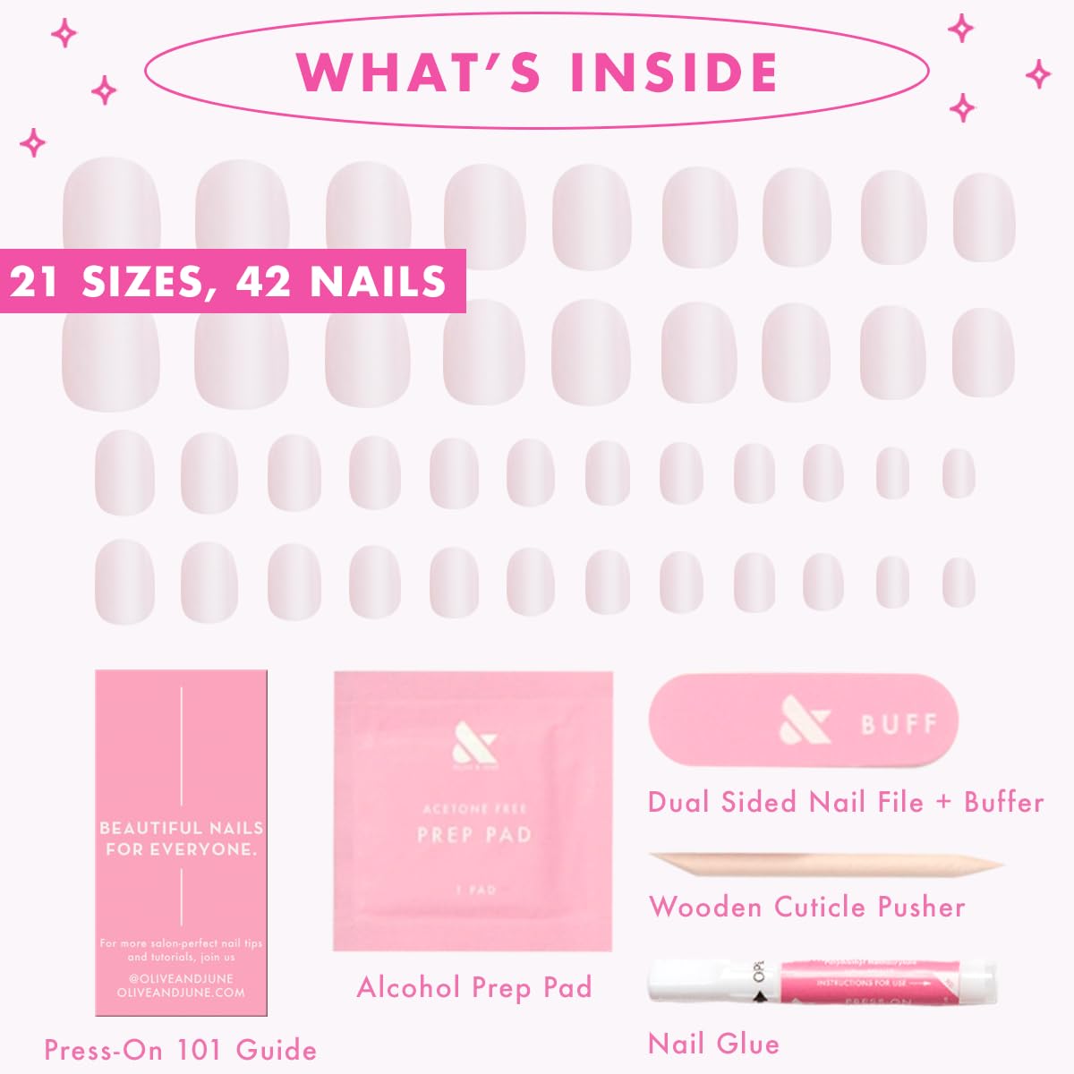 Olive & June Instant Mani Press On Nails (Glue) | 42 Fake Nails, 21 Sizes | Non-Toxic, Long-Lasting | Recycled Materials | Realistic Look