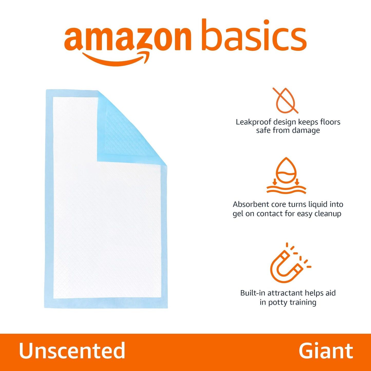 Amazon Basics Heavy Duty Dog and Puppy Pee Pads, 5-Layer Leak-Proof Ultra Absorbent, Quick-Dry Surface, Potty Training, Regular (24x23"), 50 Count, Blue & White