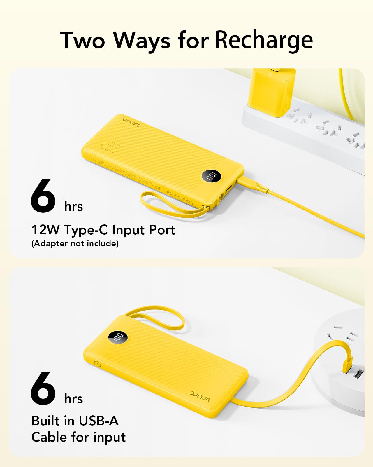 VRURC Portable Charger Power Bank, 10000mAh Travel Essentials Battery Pack, 5 Outputs 2 Inputs Slim Charing Bank Built-in Cables Cords Wires Compatible with iPhone,Samsung,Android-White(1 Pack)