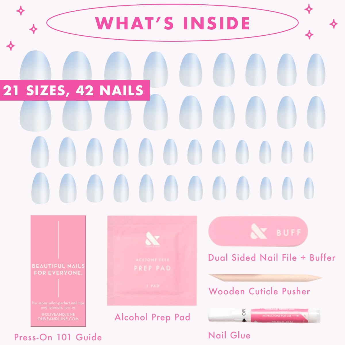 Olive & June Instant Mani Press On Nails (Glue) | 42 Fake Nails, 21 Sizes | Non-Toxic, Long-Lasting | Recycled Materials | Realistic Look