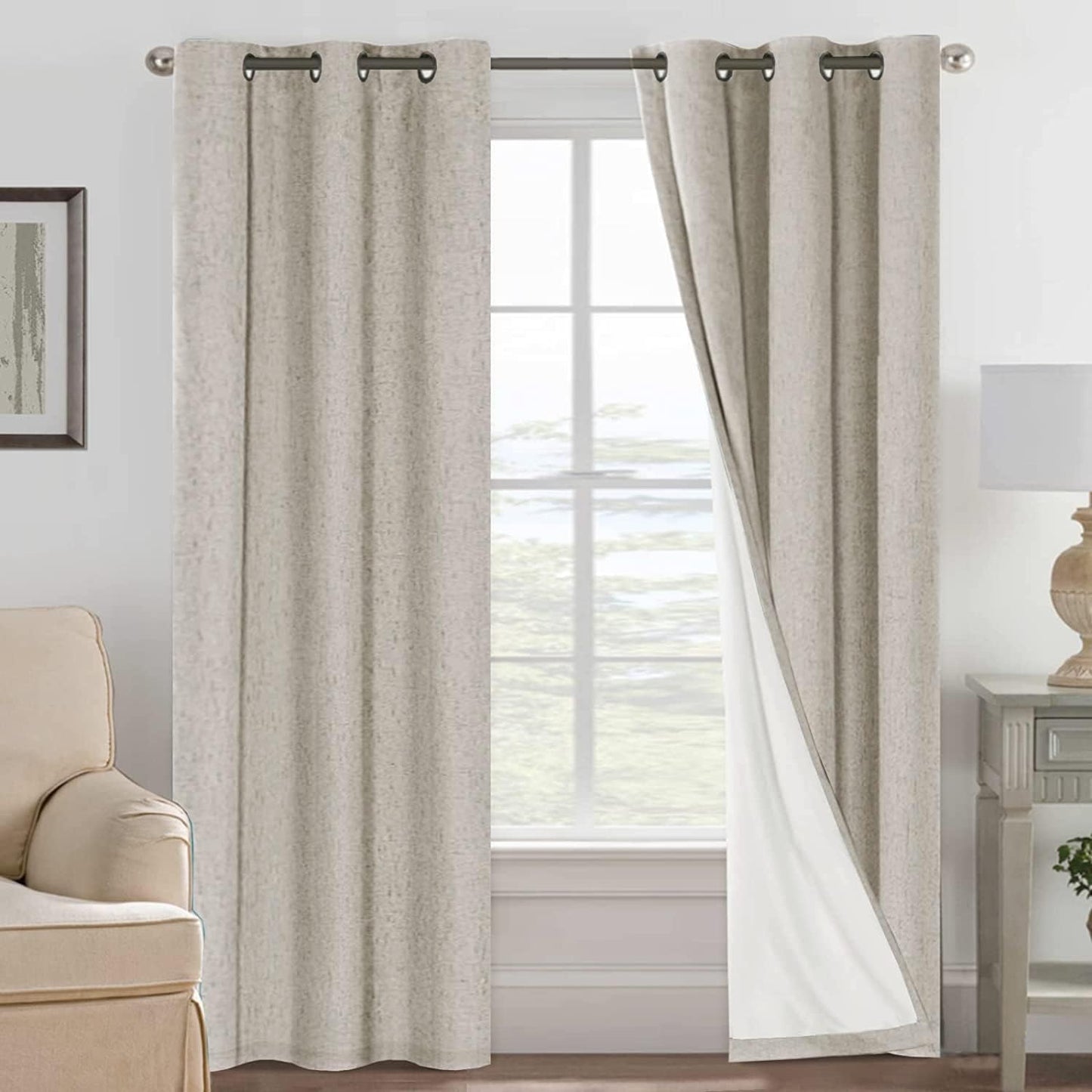 H.VERSAILTEXLinen-Polyester Curtains 100%Blackout Curtains for Bedroom 96"Long Full Light Blocking Nature Linen-Polyester Blended Window Curtains for LivingRoomNickel Grommet(2Panels,HeatheredNatural)