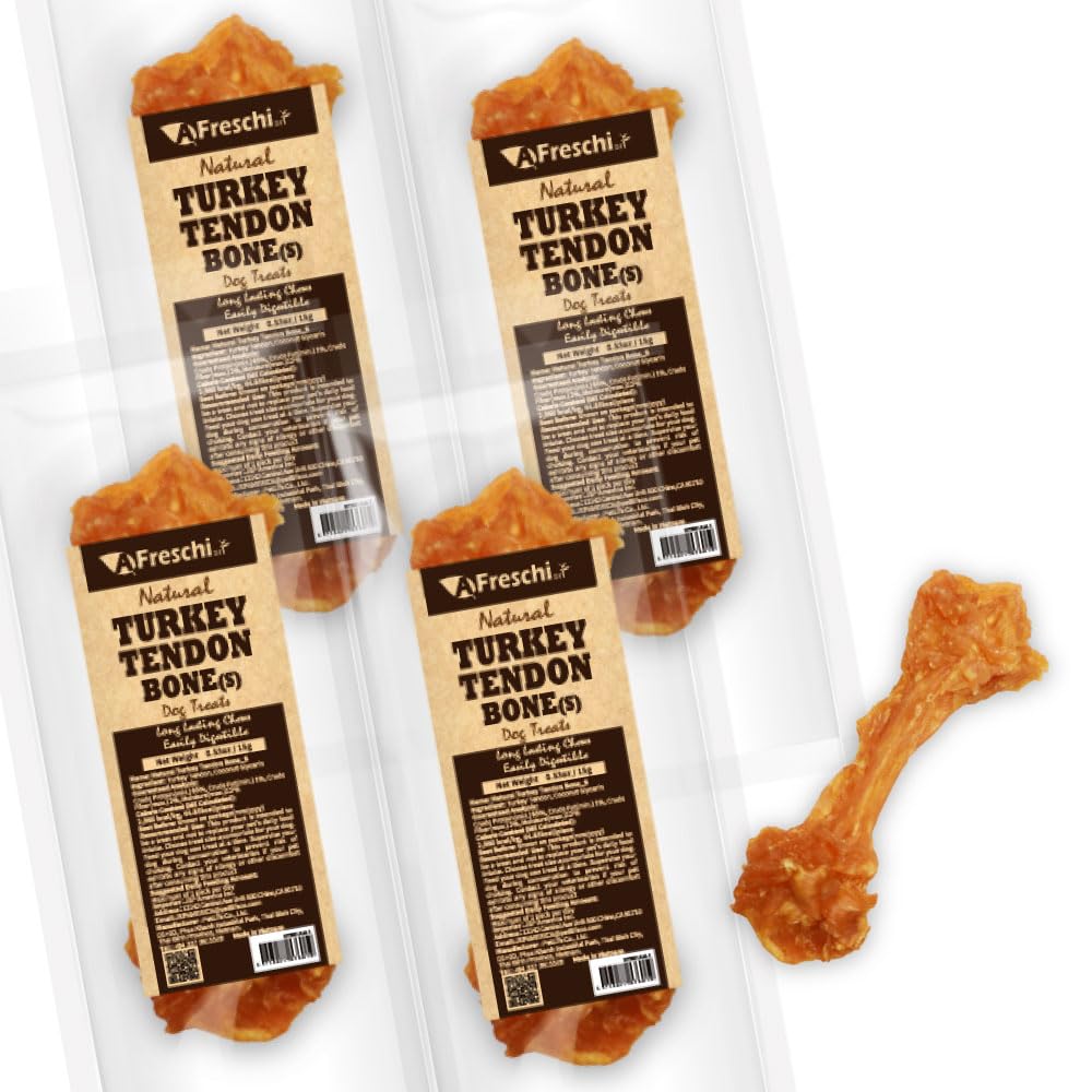 AFreschi Turkey Tendons for Dogs, USA-Sourced, Healthy Dog Treats, Rawhide-Free Puppy Chews, Long Lasting, All Natural, Hypoallergenic Dog Treats for Small Breeds, 3 oz Pack Strips