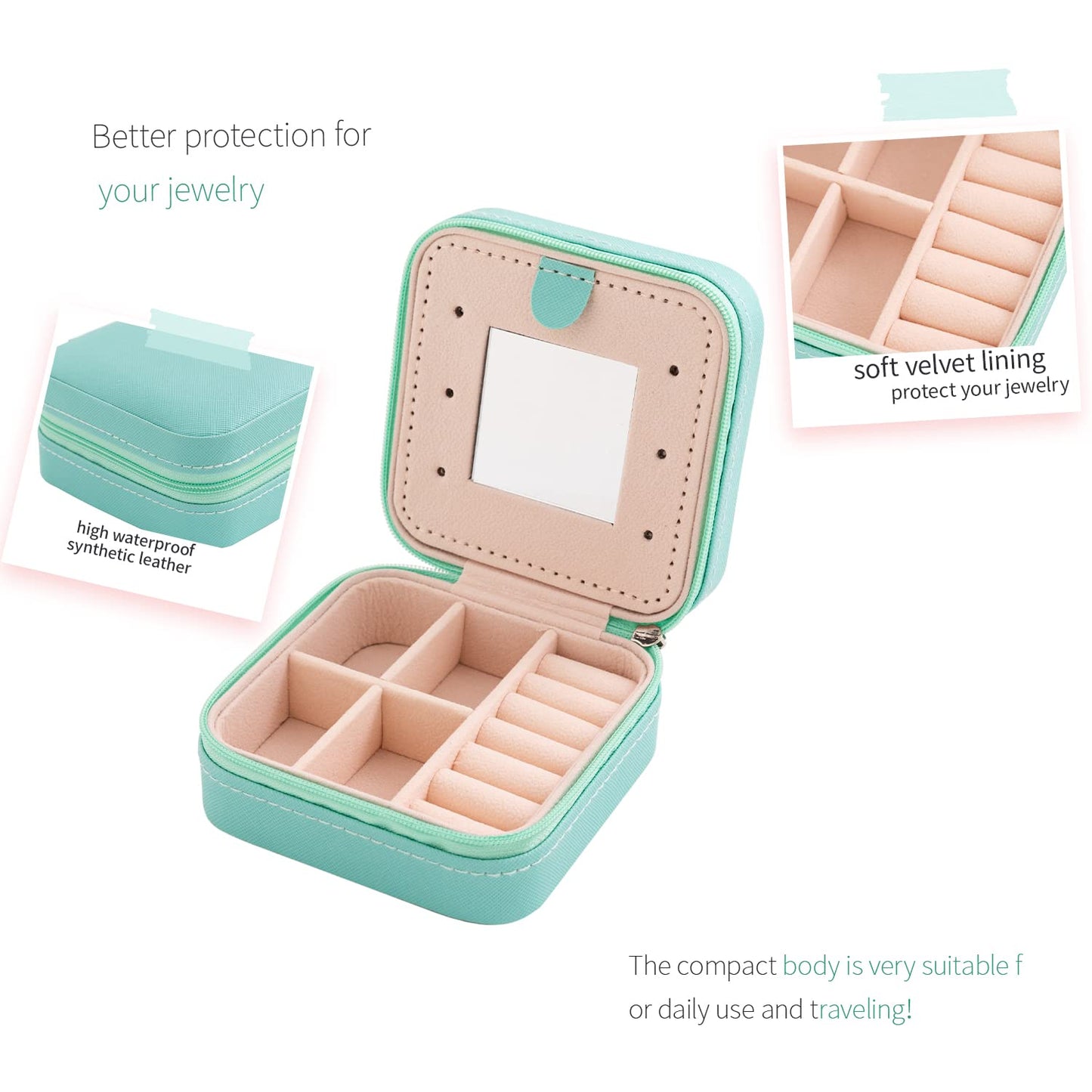KElofoN Travel jewelry case Travel jewelry box Travel Jewelry Organizer Small box Gift for Girls Women with Mirror(Green)