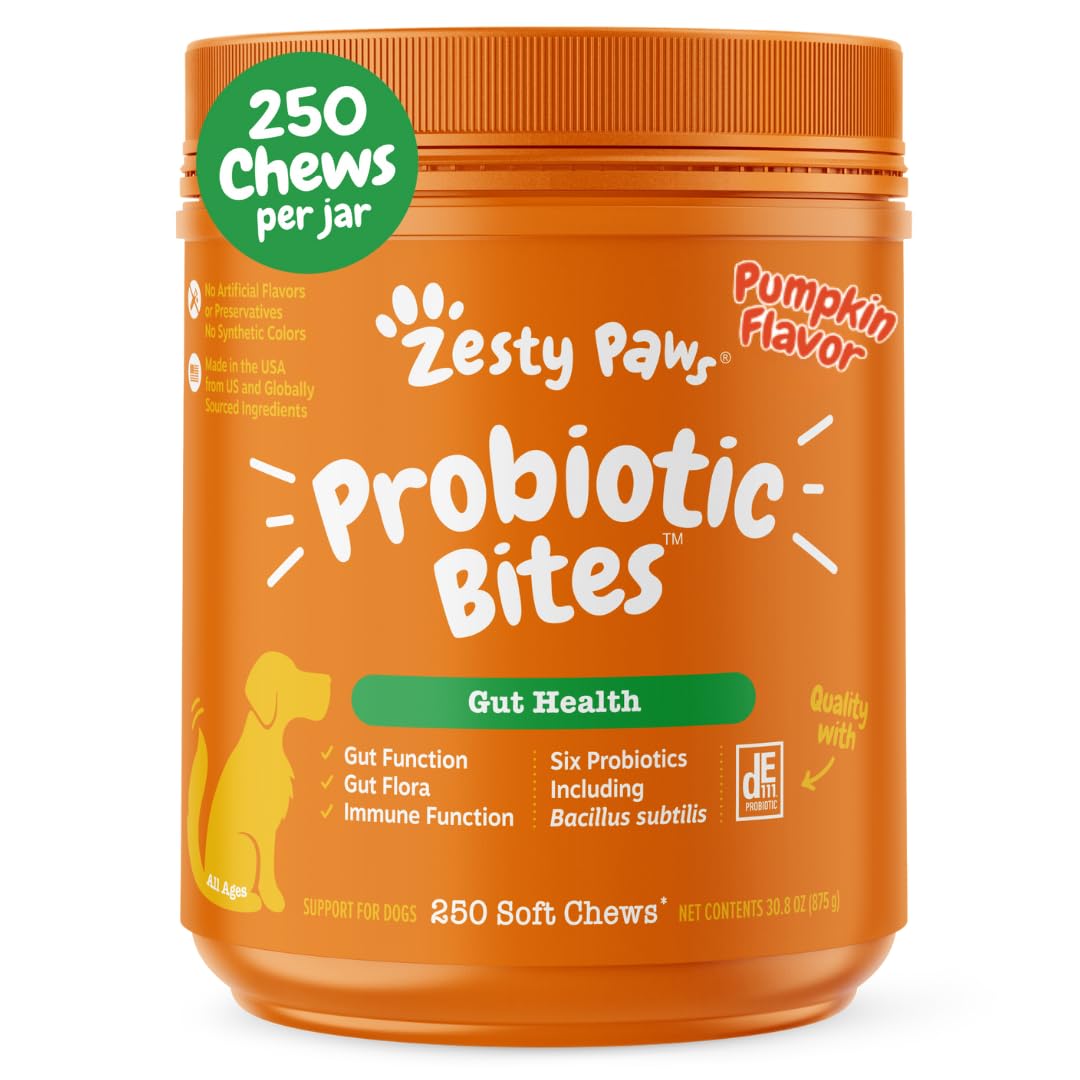 Zesty Paws Probiotics for Dogs - Digestive Enzymes for Gut Flora, Digestive Health, Diarrhea & Bowel Support - Clinically Studied DE111 - Dog Supplement Soft Chew for Pet Immune System - Pumpkin