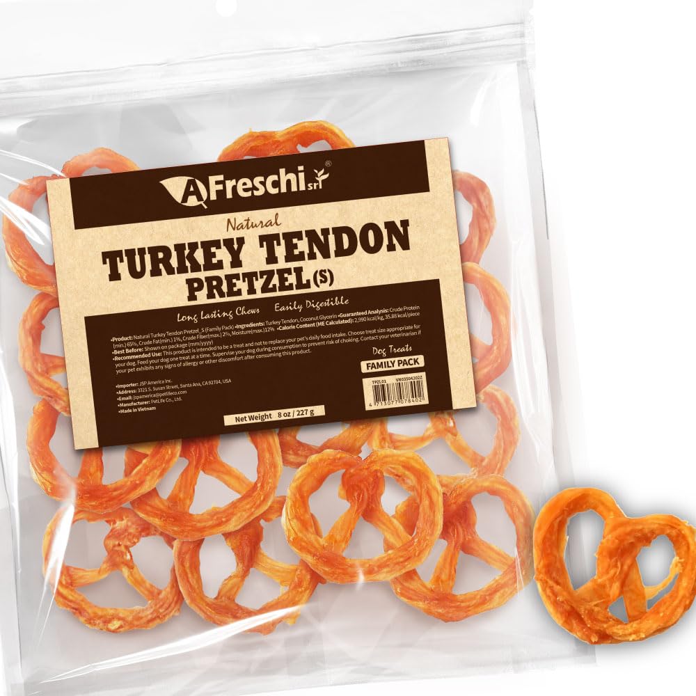 AFreschi Turkey Tendons for Dogs, USA-Sourced, Healthy Dog Treats, Rawhide-Free Puppy Chews, Long Lasting, All Natural, Hypoallergenic Dog Treats for Small Breeds, 3 oz Pack Strips