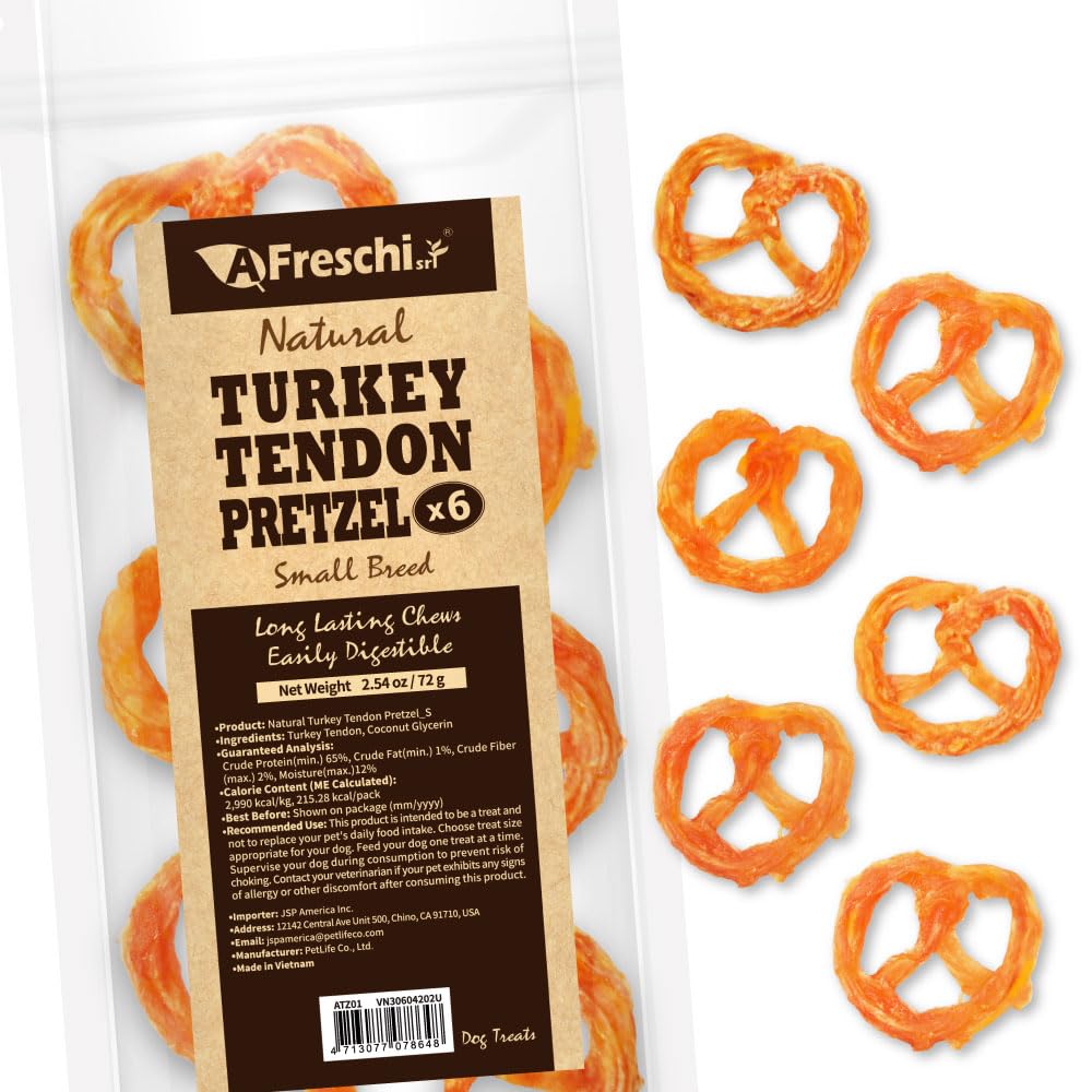 AFreschi Turkey Tendons for Dogs, USA-Sourced, Healthy Dog Treats, Rawhide-Free Puppy Chews, Long Lasting, All Natural, Hypoallergenic Dog Treats for Small Breeds, 3 oz Pack Strips