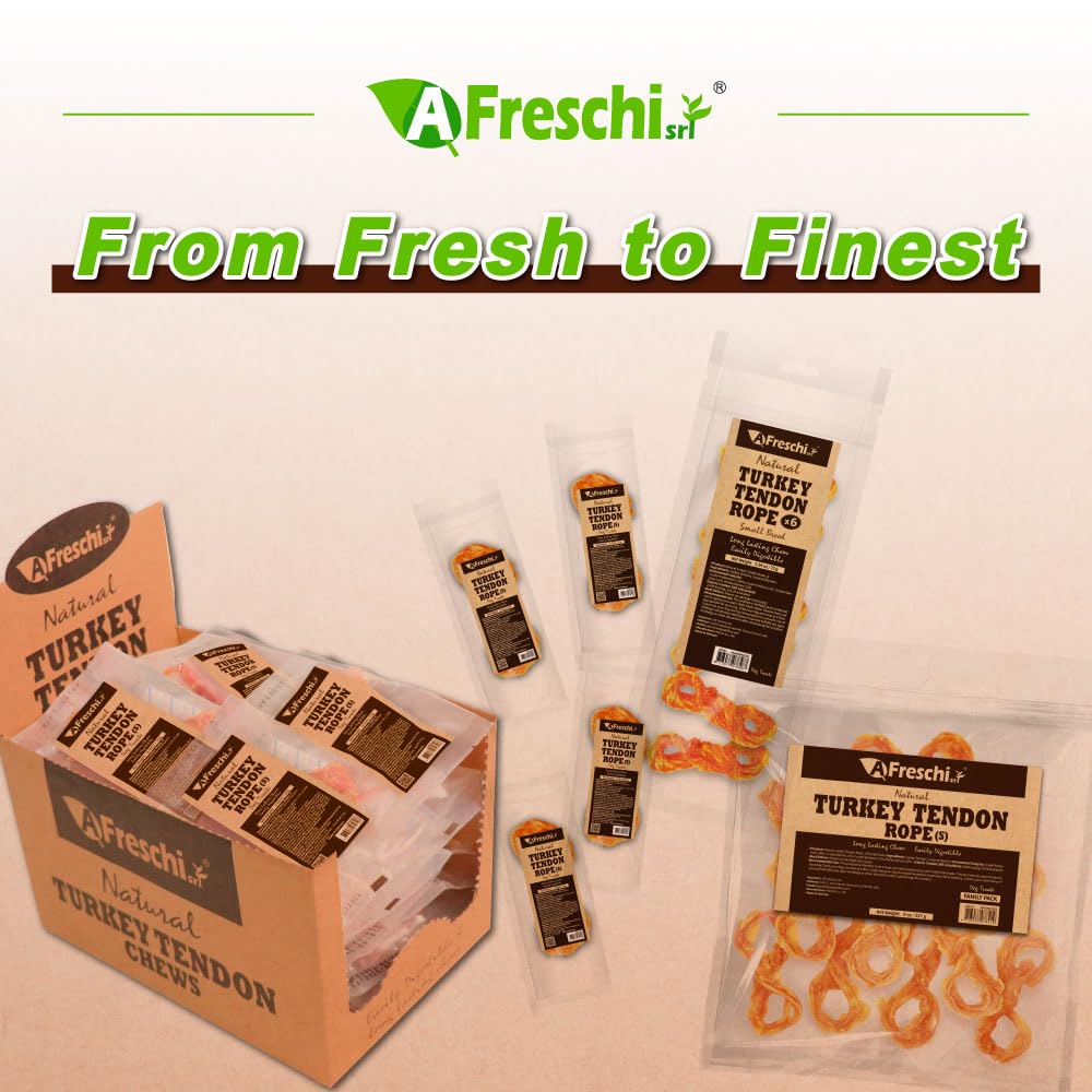 AFreschi Turkey Tendons for Dogs, USA-Sourced, Healthy Dog Treats, Rawhide-Free Puppy Chews, Long Lasting, All Natural, Hypoallergenic Dog Treats for Small Breeds, 3 oz Pack Strips