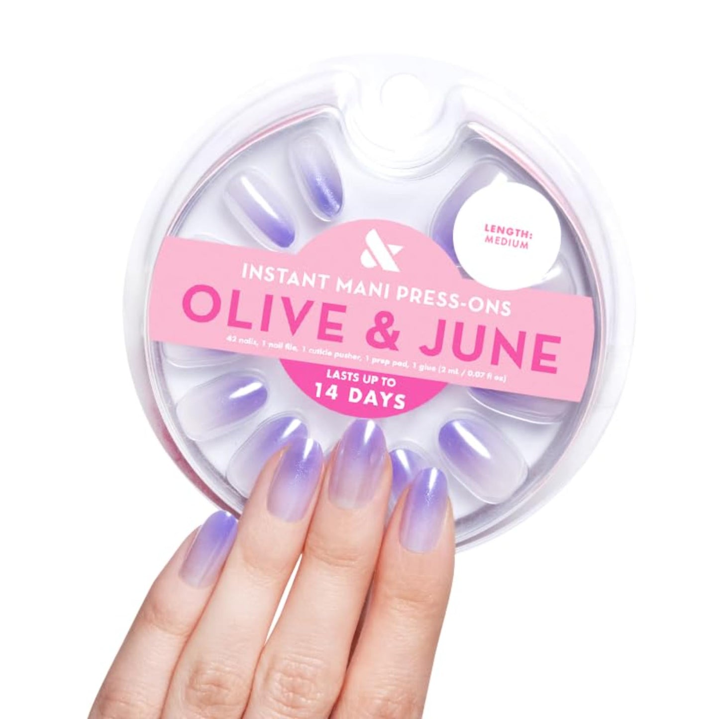 Olive & June Instant Mani Press On Nails (Glue) | 42 Fake Nails, 21 Sizes | Non-Toxic, Long-Lasting | Recycled Materials | Realistic Look