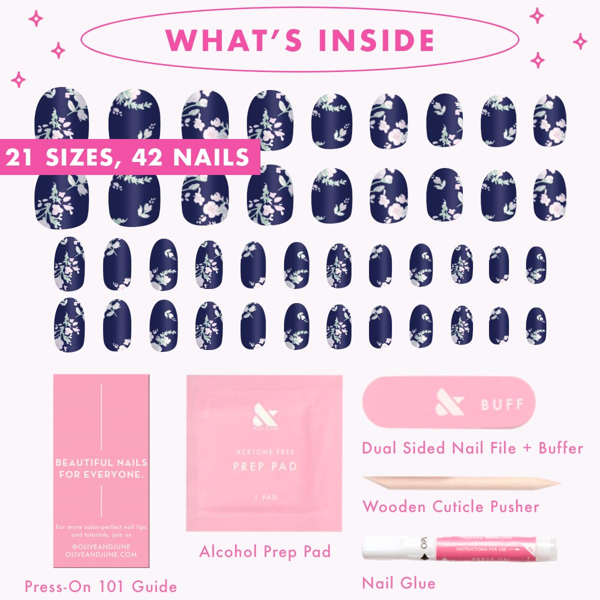 Olive & June Instant Mani Press On Nails (Glue) | 42 Fake Nails, 21 Sizes | Non-Toxic, Long-Lasting | Recycled Materials | Realistic Look