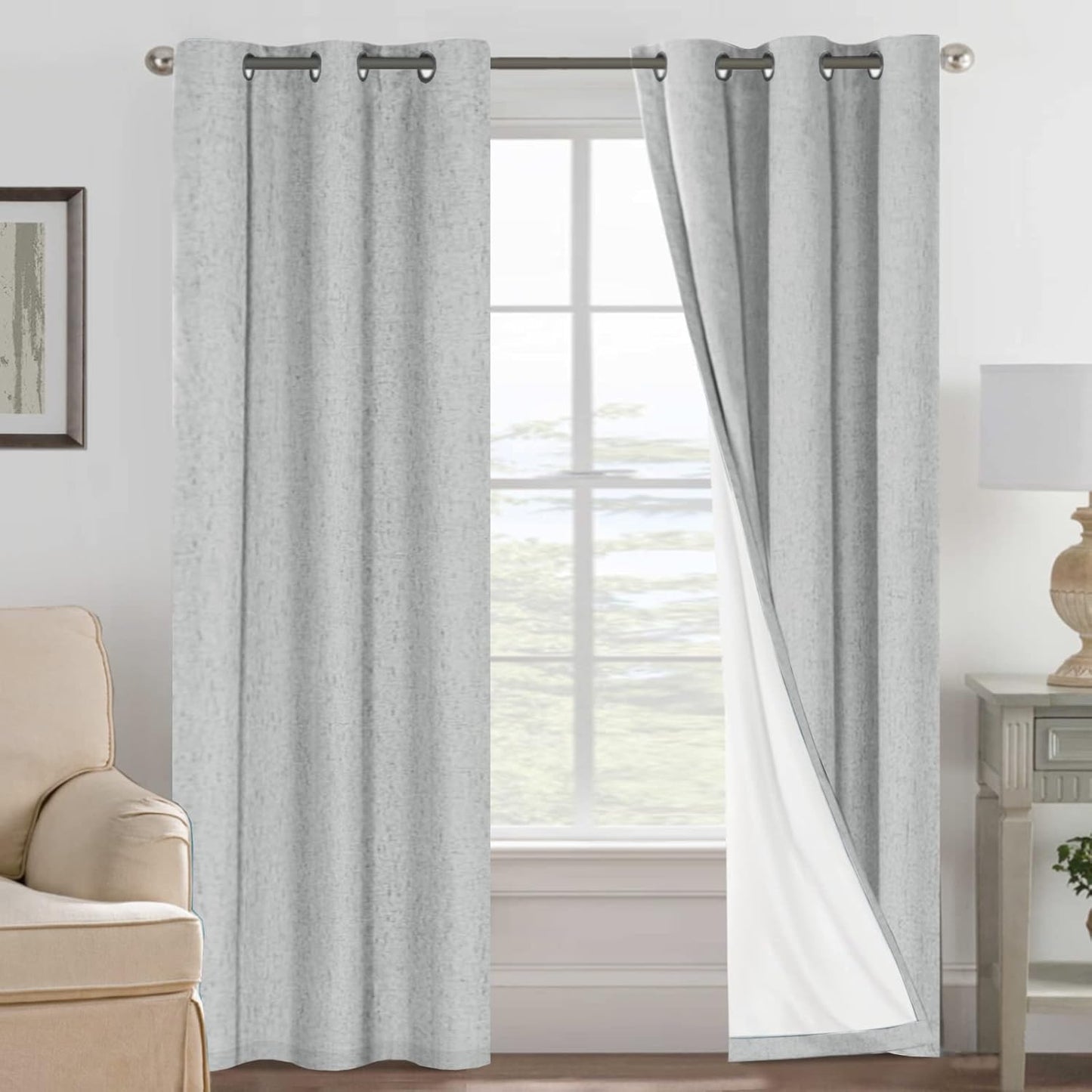 H.VERSAILTEXLinen-Polyester Curtains 100%Blackout Curtains for Bedroom 96"Long Full Light Blocking Nature Linen-Polyester Blended Window Curtains for LivingRoomNickel Grommet(2Panels,HeatheredNatural)