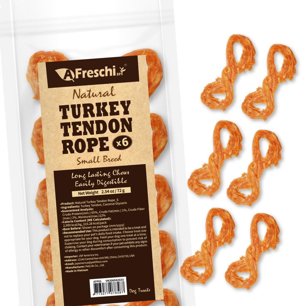 AFreschi Turkey Tendons for Dogs, USA-Sourced, Healthy Dog Treats, Rawhide-Free Puppy Chews, Long Lasting, All Natural, Hypoallergenic Dog Treats for Small Breeds, 3 oz Pack Strips