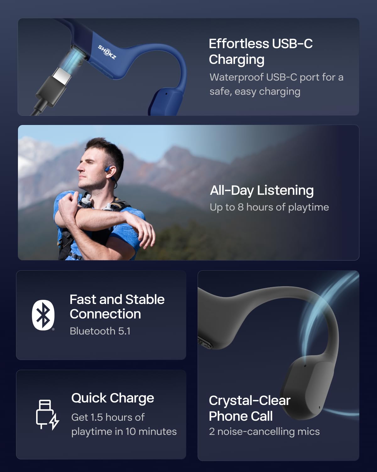 SHOKZ OpenRun Bone Conduction Headphones,Open-Ear Bluetooth Wireless Sport Headphones for Running & Workout,Sweat Resistant, Long 8H Playtime,Mic,Hair Band-Standard-Black