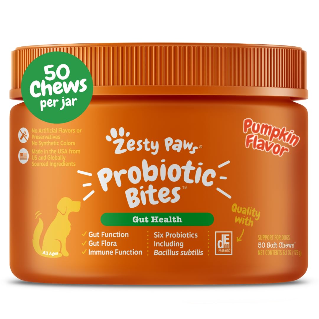 Zesty Paws Probiotics for Dogs - Digestive Enzymes for Gut Flora, Digestive Health, Diarrhea & Bowel Support - Clinically Studied DE111 - Dog Supplement Soft Chew for Pet Immune System - Pumpkin