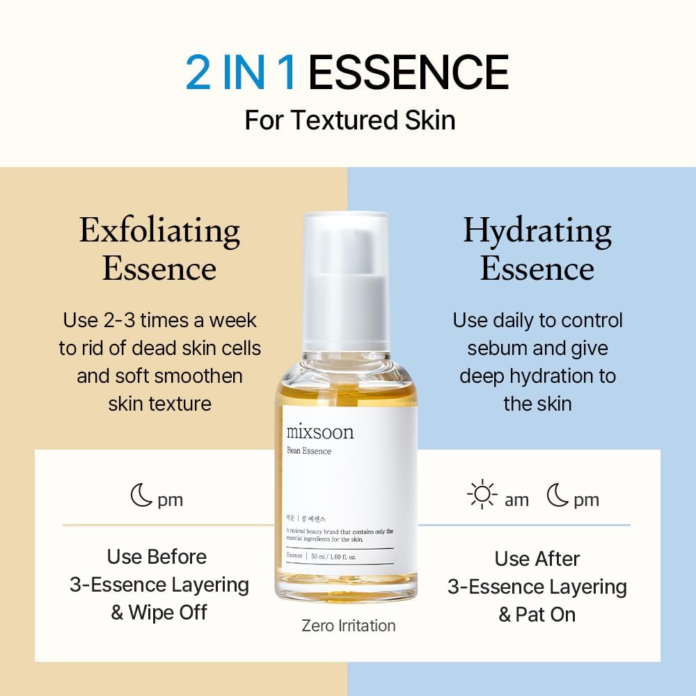 mixsoon Bean Essence-Exfoliating, Hydrating, Fermented Bean Extract, Gentle Formula for Smooth Skin 30ml / 1.01 fl.oz. Korean Glass Skin Care