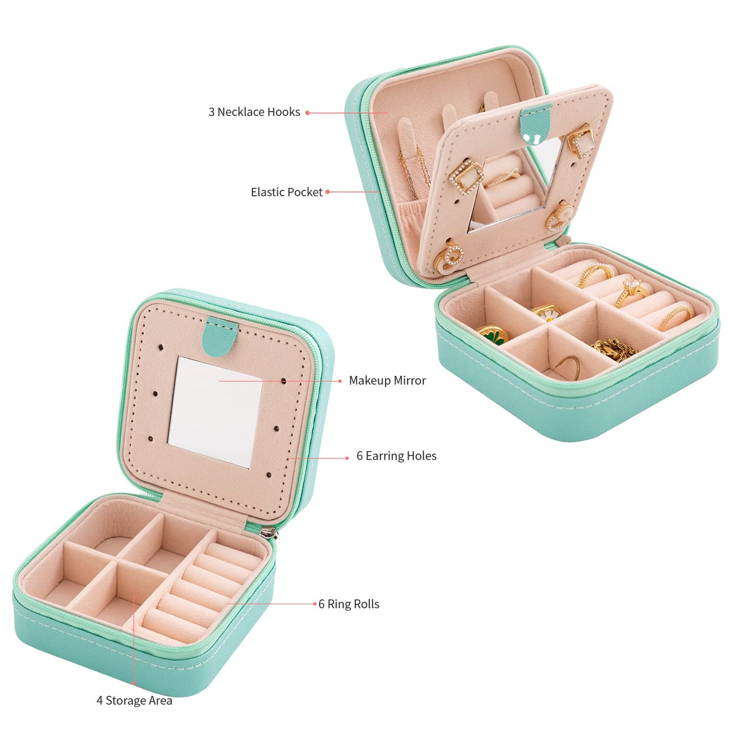 KElofoN Travel jewelry case Travel jewelry box Travel Jewelry Organizer Small box Gift for Girls Women with Mirror(Green)