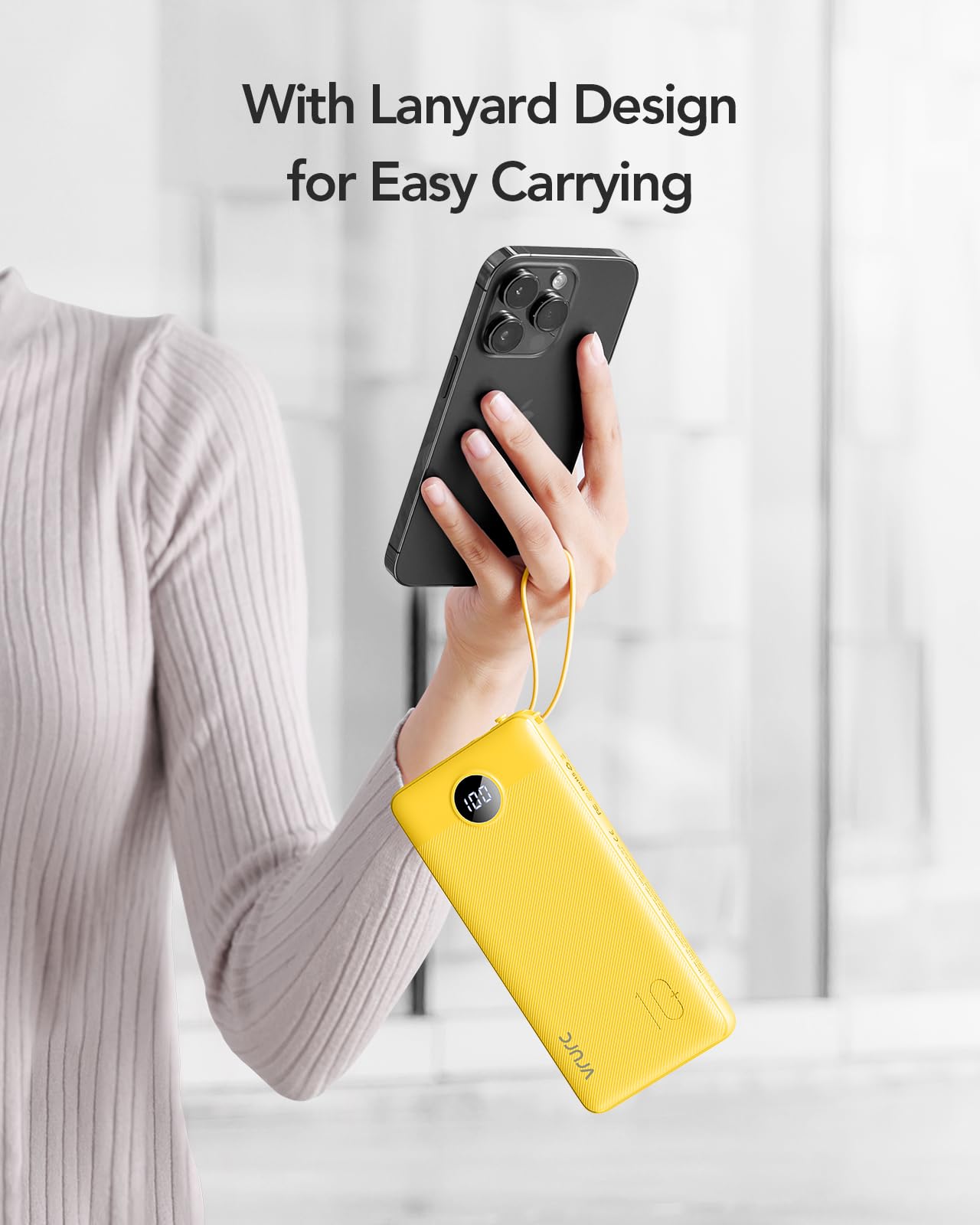 VRURC Portable Charger Power Bank, 10000mAh Travel Essentials Battery Pack, 5 Outputs 2 Inputs Slim Charing Bank Built-in Cables Cords Wires Compatible with iPhone,Samsung,Android-White(1 Pack)