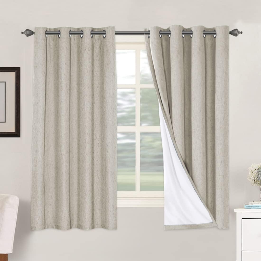 H.VERSAILTEXLinen-Polyester Curtains 100%Blackout Curtains for Bedroom 96"Long Full Light Blocking Nature Linen-Polyester Blended Window Curtains for LivingRoomNickel Grommet(2Panels,HeatheredNatural)