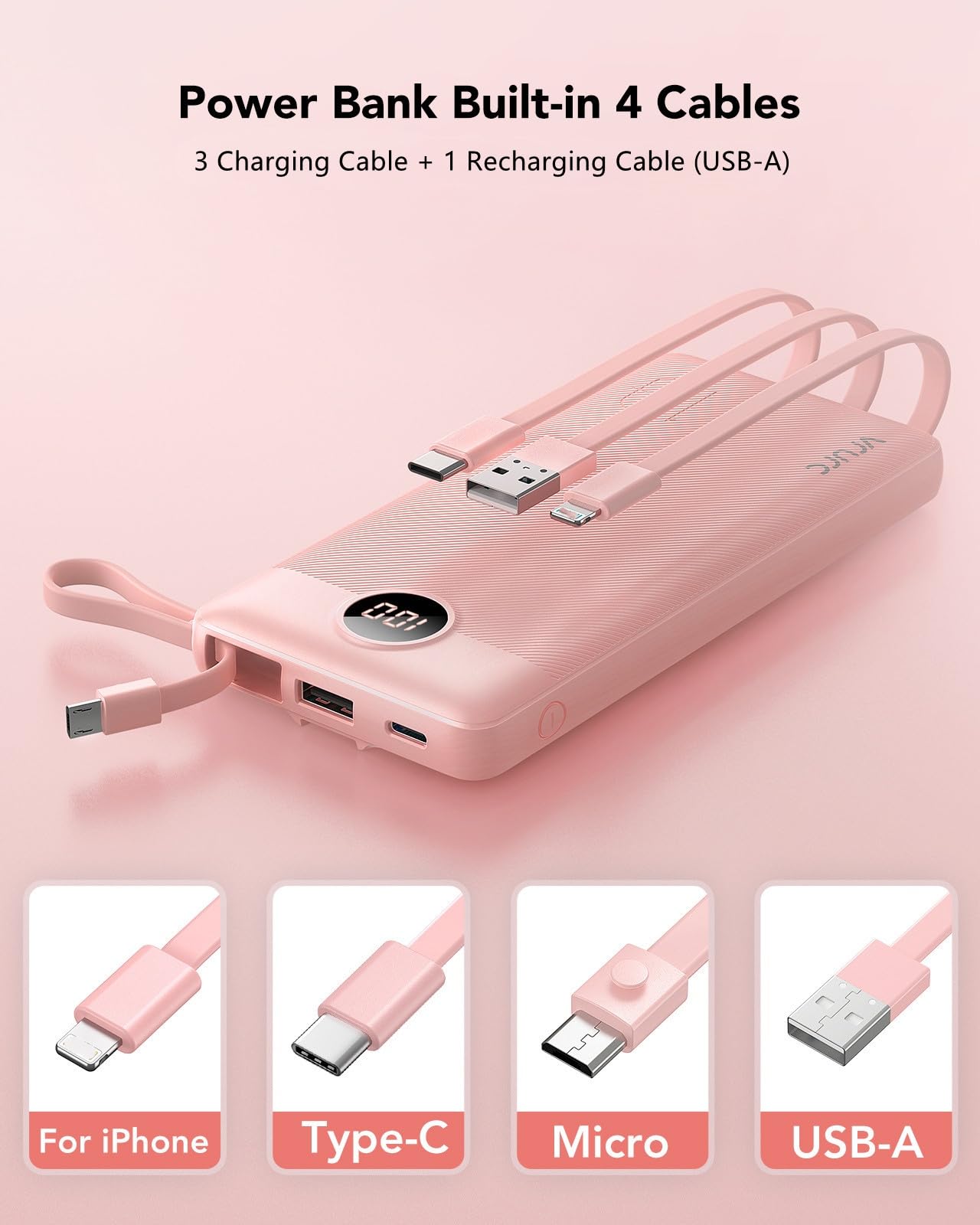 VRURC Portable Charger Power Bank, 10000mAh Travel Essentials Battery Pack, 5 Outputs 2 Inputs Slim Charing Bank Built-in Cables Cords Wires Compatible with iPhone,Samsung,Android-White(1 Pack)