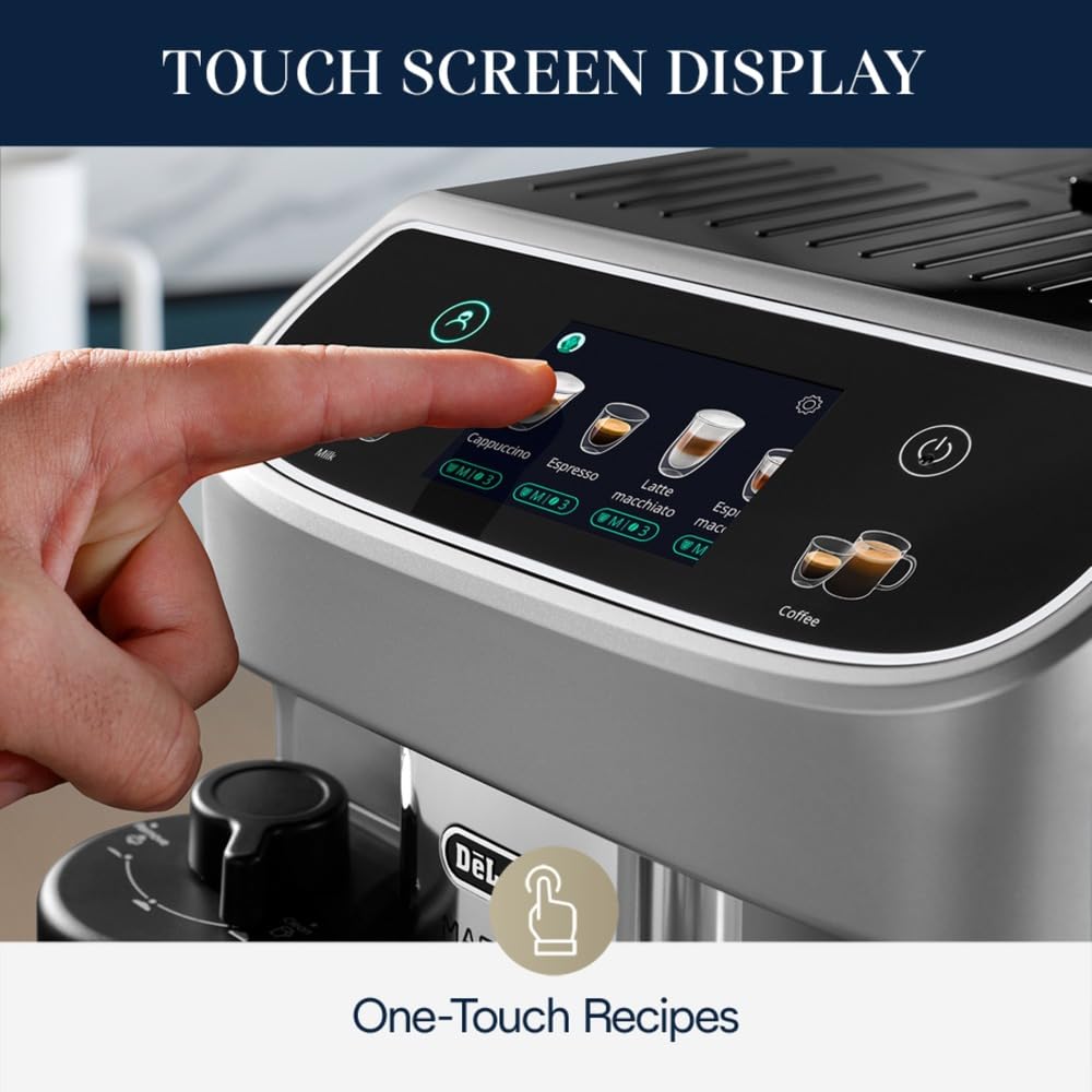 De'Longhi Magnifica Plus Fully Automatic Espresso Machine - Brew 18+ One Touch Coffee Recipes for up to 4 User Profiles, Automatic Milk Steam Wand & Built-in Grinder, Touchscreen Display
