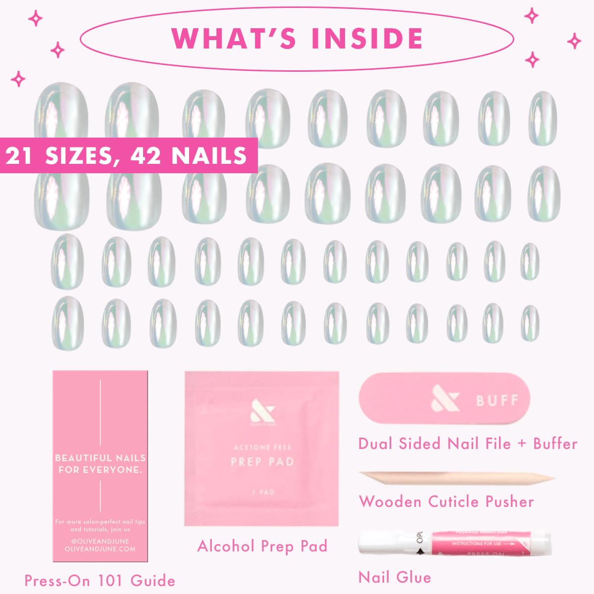 Olive & June Instant Mani Press On Nails (Glue) | 42 Fake Nails, 21 Sizes | Non-Toxic, Long-Lasting | Recycled Materials | Realistic Look