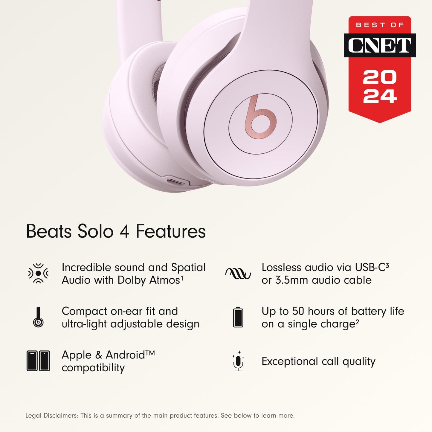Beats Solo 4 - Wireless On-Ear Bluetooth Headphones, Up to 50-Hour Battery Life, Ultra-Lightweight Comfort, Powerful and Balanced Sound, Apple & Android Compatible - Cloud Pink