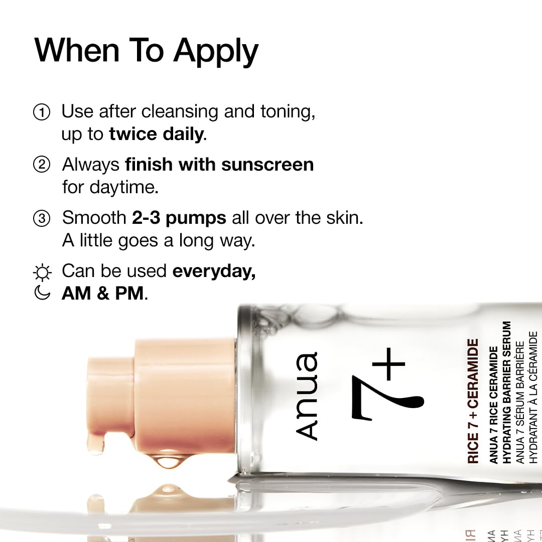 ANUA Rice Ceramide 7 Hydrating Barrier Serum, Moisturizing Serum for Face, Rice, Hyaluronic Acid, Niacinamide, Fragrance Free, Non-comodogenic, Glass Skin, Korean Skin Care, 50ml/1.69fl.oz.