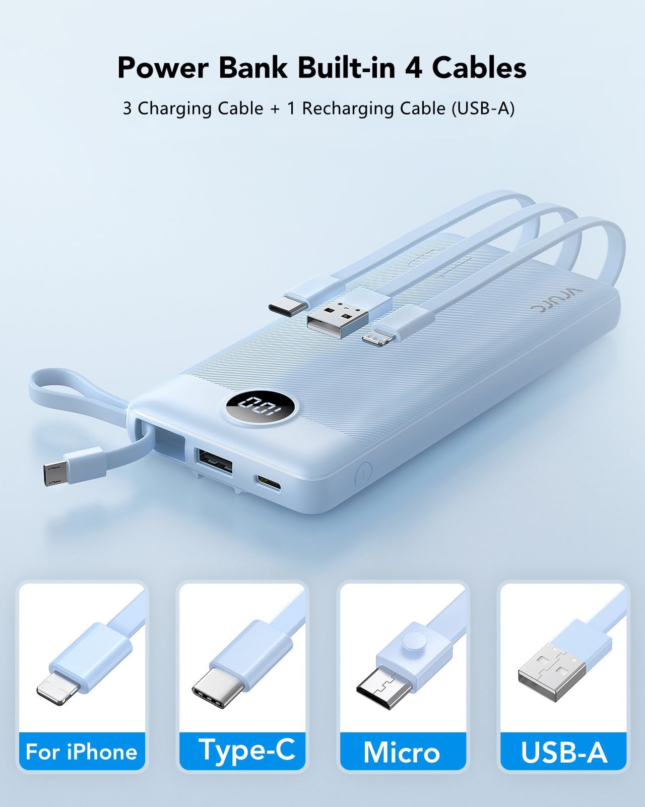 VRURC Portable Charger Power Bank, 10000mAh Travel Essentials Battery Pack, 5 Outputs 2 Inputs Slim Charing Bank Built-in Cables Cords Wires Compatible with iPhone,Samsung,Android-White(1 Pack)