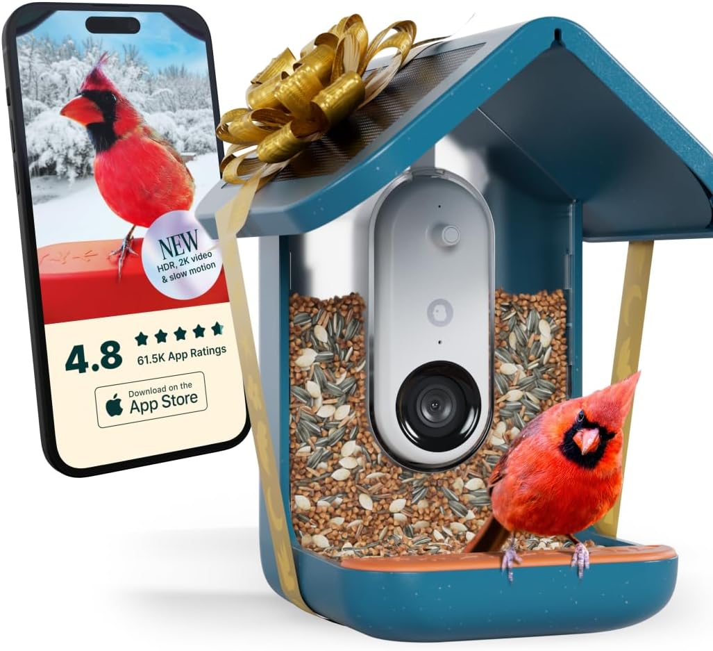 Birdbuddy PRO Solar Smart Bird Feeder with Camera - AI Bird Species Identification, 5MP Photos, 2K HD Video Live Stream Camera, Slow-Motion Video, 2.6in Focus - Blue Solar