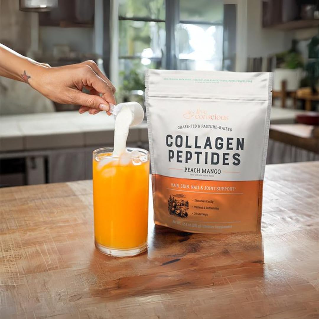 Live Conscious Collagen Peptides Powder - Naturally-Sourced Hydrolyzed Collagen Powder - Hair, Skin, Nail, and Joint Support - Type I & III Grass-Fed Collagen Supplements for Women and Men - 16oz