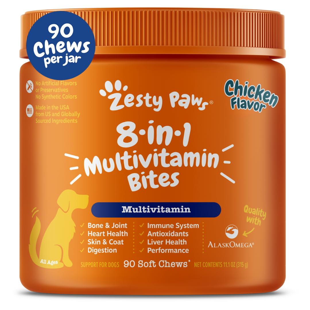 Zesty Paws Dog Multivitamin, Chewable Dog Vitamins and Supplements for Hip & Joints, Skin & Coat, Omega 3 Fish Oil for Dogs- Senior & Puppy Multivitamin- Chicken- 90ct