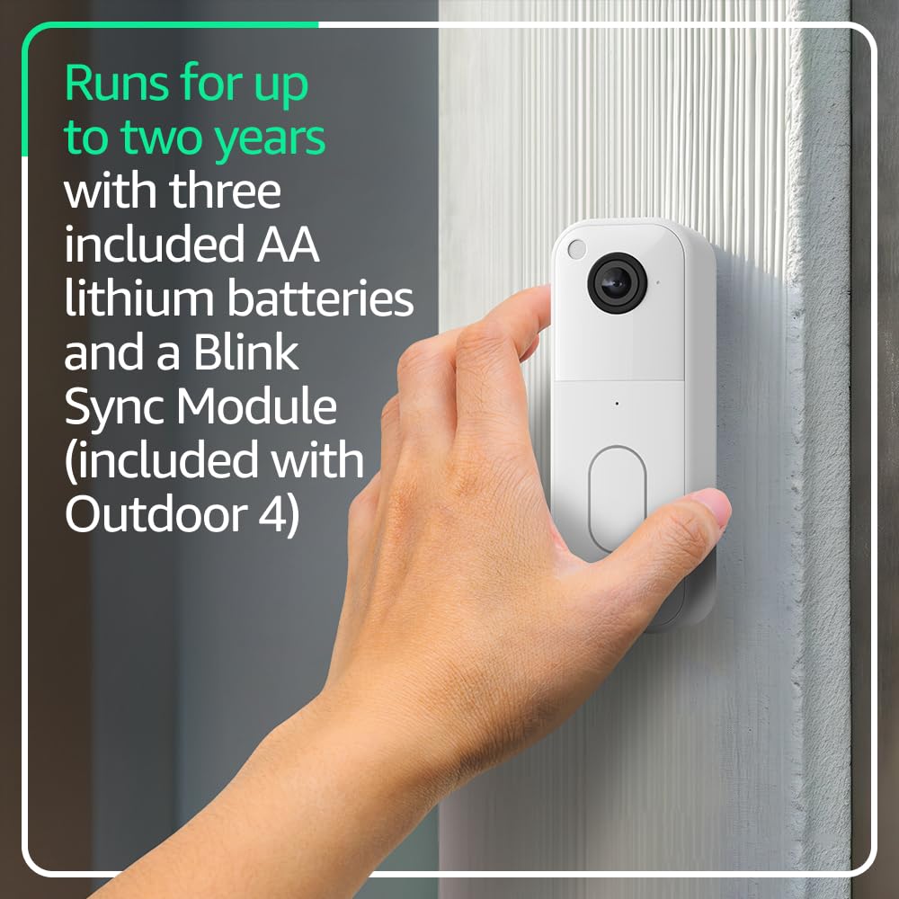 All-new Blink Video Doorbell + Outdoor 4 – Wireless smart security cameras, head-to-toe HD view, two-year battery life. Sync Module Core included – 1 camera system + Video Doorbell