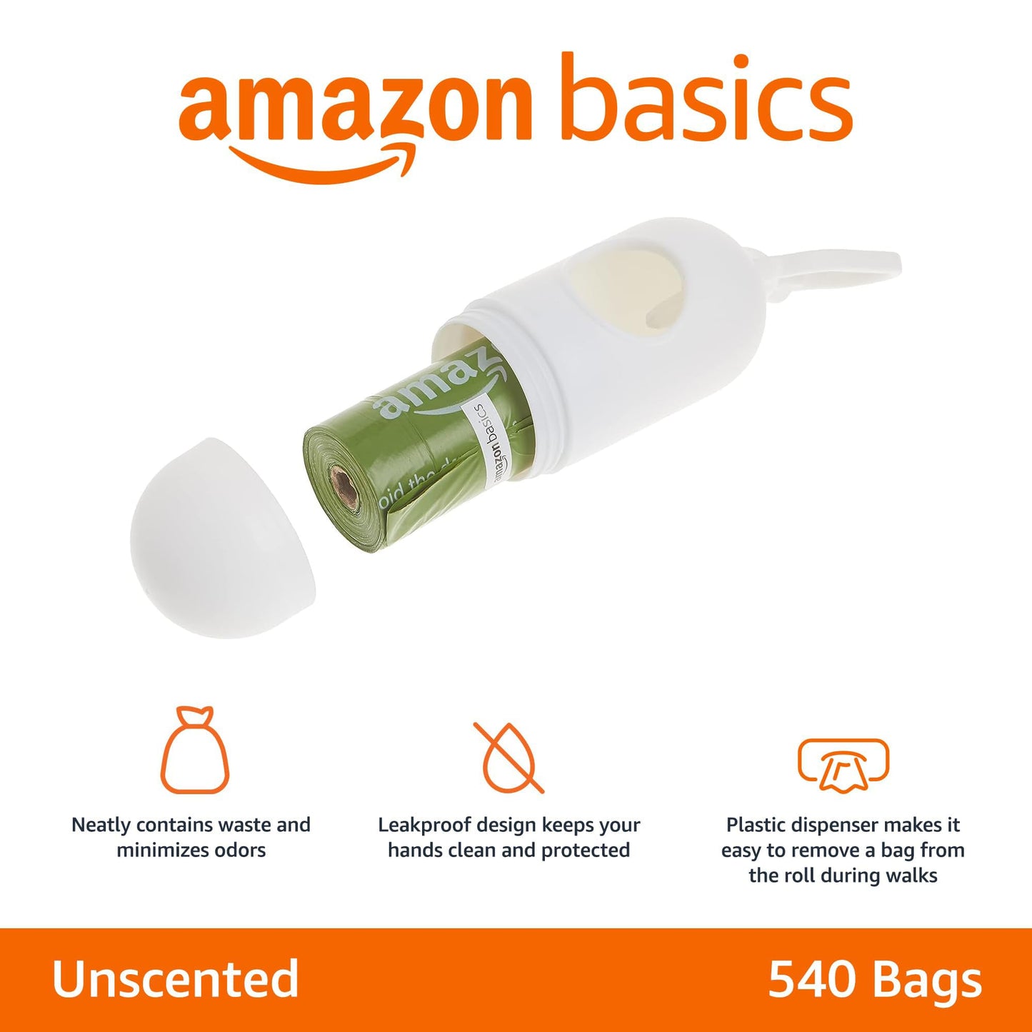 Amazon Basics Dog Poop Bags with Dispenser, 540 Count, Enhanced for Guaranteed Leakproof, Lavender Scented, Includes Leash Clip