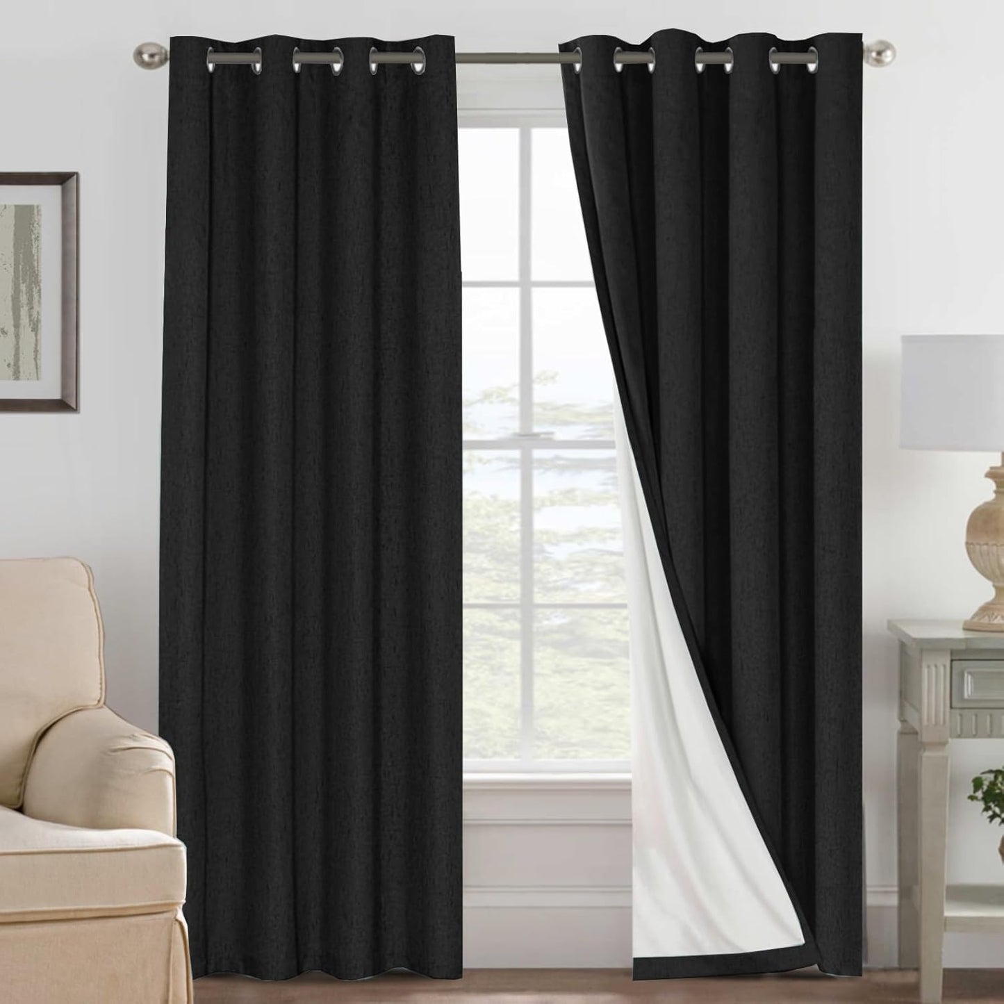 H.VERSAILTEXLinen-Polyester Curtains 100%Blackout Curtains for Bedroom 96"Long Full Light Blocking Nature Linen-Polyester Blended Window Curtains for LivingRoomNickel Grommet(2Panels,HeatheredNatural)