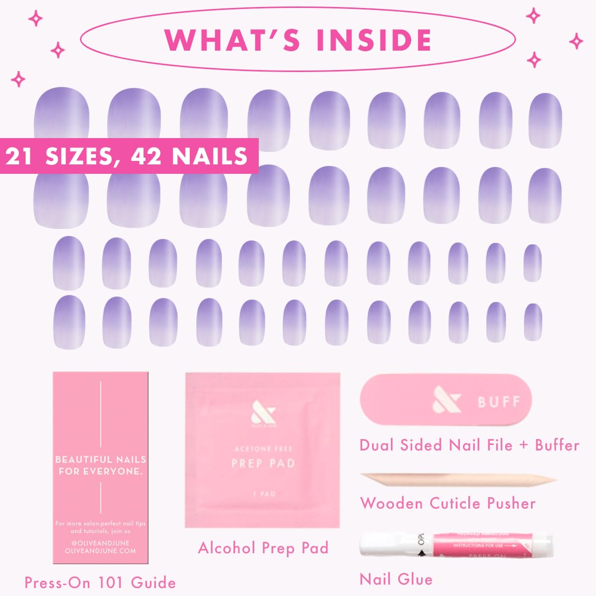 Olive & June Instant Mani Press On Nails (Glue) | 42 Fake Nails, 21 Sizes | Non-Toxic, Long-Lasting | Recycled Materials | Realistic Look