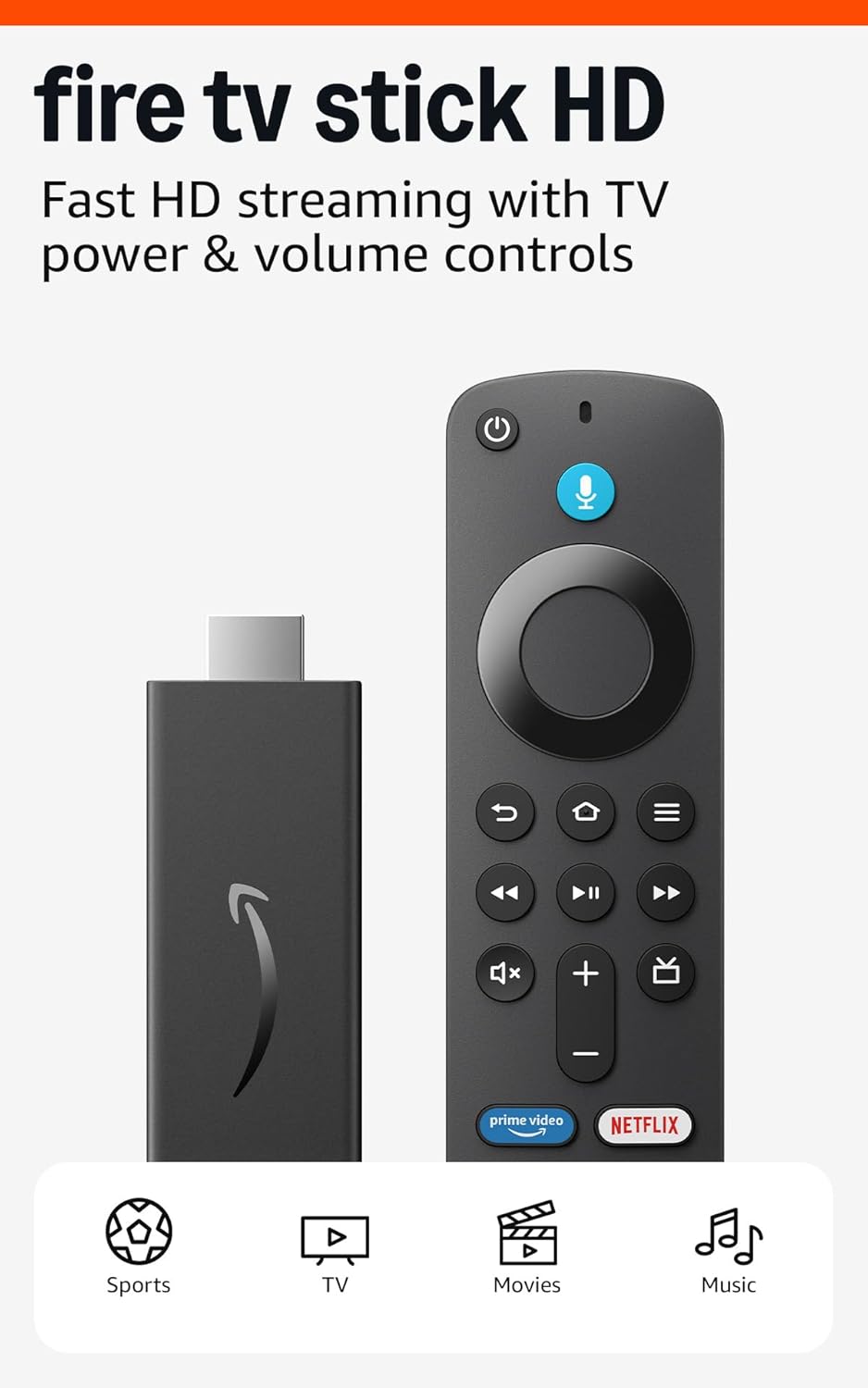 Amazon Fire TV Stick HD (newest model), free and live TV, Alexa Voice Remote, smart home controls, HD streaming