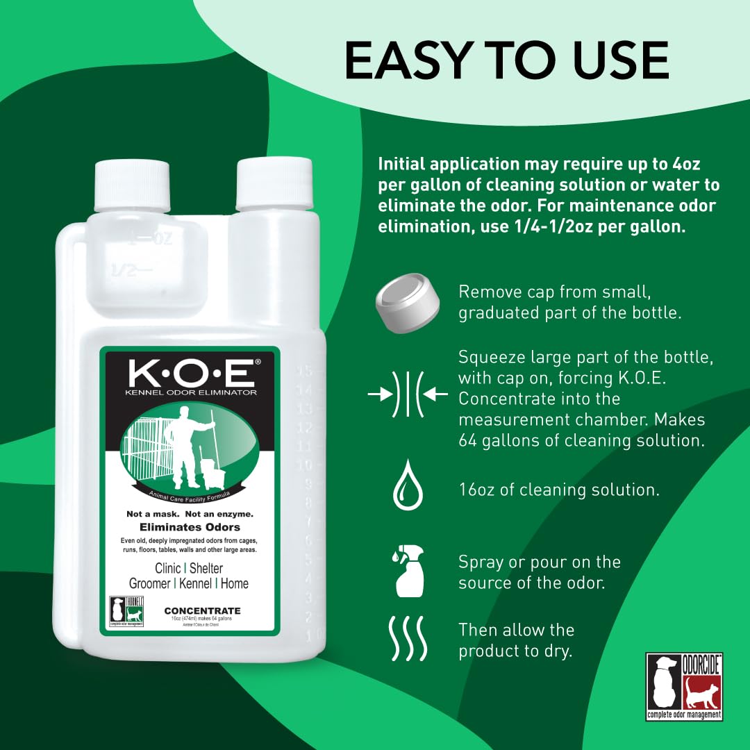Odorcide K.O.E Kennel Odor Eliminator Concentrate – For Cages, Runs & More – For Home & Kennel w/Safe, Non-Enzymatic Formula (Fresh Scent, 16 oz)