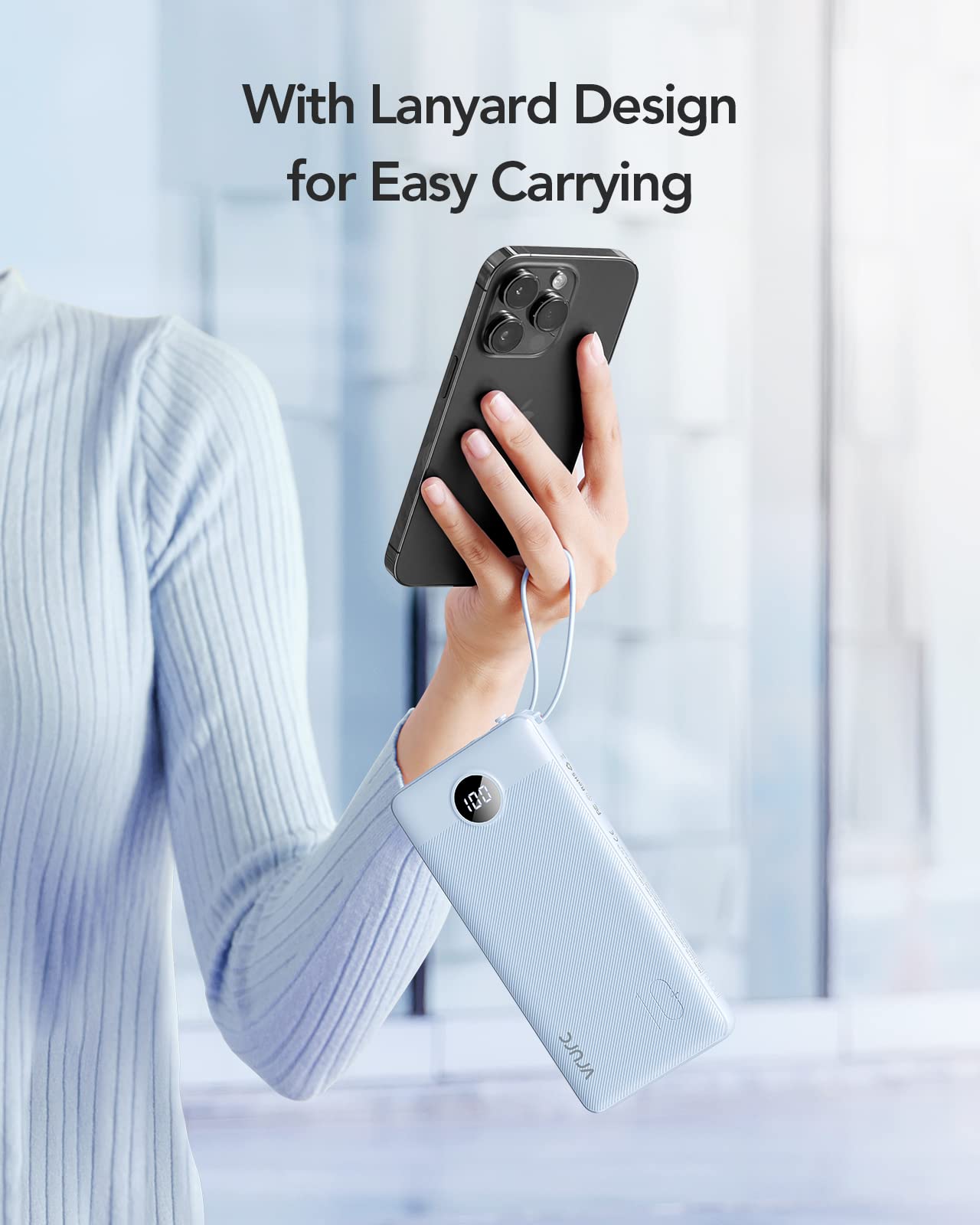 VRURC Portable Charger Power Bank, 10000mAh Travel Essentials Battery Pack, 5 Outputs 2 Inputs Slim Charing Bank Built-in Cables Cords Wires Compatible with iPhone,Samsung,Android-White(1 Pack)